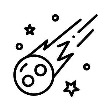 Kuyrukluyıldız veya meteorun stilize edilmiş sanat simgesi. Alevli bir izi ve etrafındaki yıldızlarla göksel bir vücudu gösteriyor. Uzay ve bilim temaları için mükemmel.