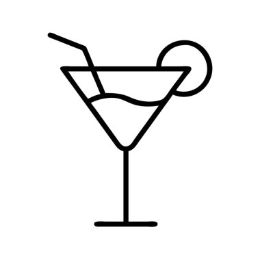 Klasik bir martini bardağında sunulan stilize edilmiş bir kokteyl içeceği içeren temiz ve modern bir çizgi sanat ikonu. Yanında da pipet ve dekoratif narenciye dilimi..