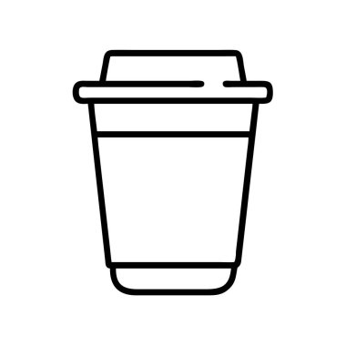 Tek kullanımlık kahve fincanının kapaklı basit bir çizim çizimi. Simgeler, web tasarımları, mobil uygulamalar, grafik projeleri ve içecekler veya paket servisle ilgili konular için mükemmel.