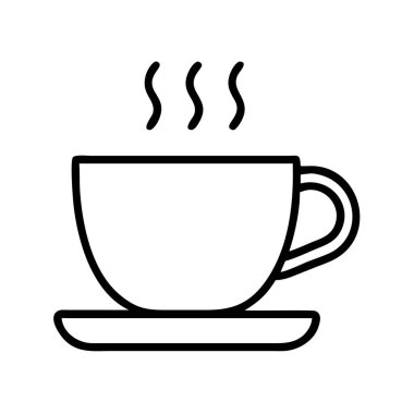 Minimalist vektör çizgisi tabakta sıcak bir içecek bardağının çizimi. Menüler, web tasarımı, uygulamalar ve çeşitli dijital veya yazdırma projeleri için ideal.