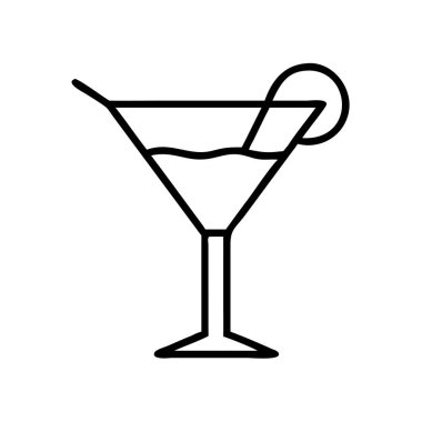 Portakal dilimi ve pipetle süslenmiş içecekle dolu bir martini bardağının basit, temiz bir çizgisi sanat tasviri, menüler veya uygulama tasarımı için ideal..