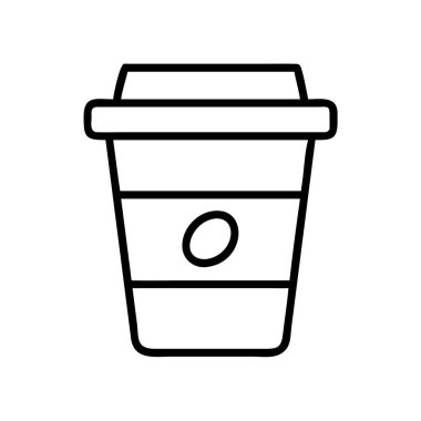 Tek kullanımlık kahve fincanının basit bir taslak vektör ikonu. Kapağı var, sıcak içecekler için mükemmel. Grafik tasarım projeleri, menüler, mobil uygulamalar ve markalaşma için ideal.