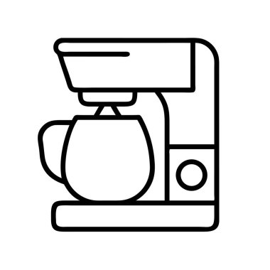 Cam sürahi ile modern elektrikli kahve makinesinin temiz çizgi sanat simgesi, sıcak içecekleri, mutfak aletlerini veya kahvaltı rutinlerini temsil etmek için mükemmel..