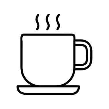 Dumanı tüten sıcak bir içecek bardağının minimalist bir sanat simgesi, küçük bir tabağın üzerinde duruyor. Rahatlamak için kahve, çay ya da herhangi bir sıcak içeceği temsil eder..
