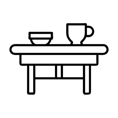 Tabak ve kupa tutan bir masayı tasvir eden basit bir taslak simgesi. Bu minimalist vektör grafiği web tasarımı, uygulamalar, sunumlar veya yazdırma medya projeleri için mükemmeldir.