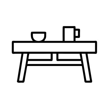 Tabak ve kupa tutan küçük bir masayı tasvir eden temiz, minimalist bir sanat çizgisi. Web simgeleri, uygulama arayüzleri, grafik tasarımı ve basit görsel araçlar için mükemmel.
