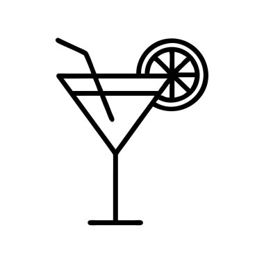 Minimalist bir taslak vektör ikonu bir kokteyl bardağını pipetle ve bir narenciye dilimiyle betimliyor. Web tasarımı, uygulamalar, menüler ve içecek temaları için mükemmel.