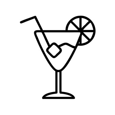 Kök bardakta canlandırıcı bir kokteyl içeceği tasvir eden taze bir taslak. Sergide bir pipet, bir buz küpü ve yaz temaları için ideal bir limon dilimi garnitürü yer alıyor..