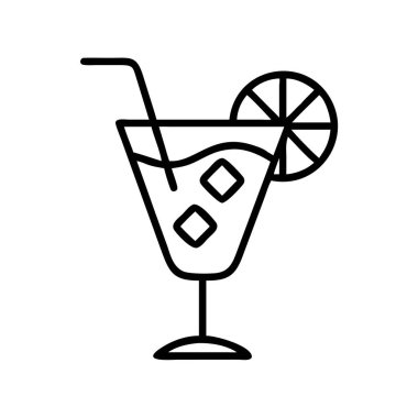 Kamış, buz küpleri ve dekoratif limon dilimli bir bardakta servis edilen ferahlatıcı bir kokteyl ikonu. Menüler, uygulamalar ve web tasarımı için ideal.