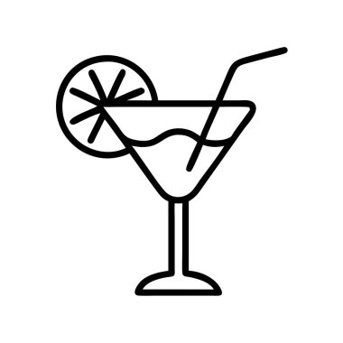 Klasik bir kokteyl içeceğini temsil eden minimalist bir siyah taslak ikonu. Sıvı, dekoratif narenciye dilimli bir bardak ve menüler, UI, web ve baskı projeleri için ideal bir pipet içeriyor..