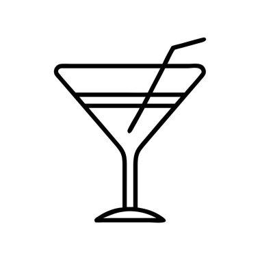 Mönüler, uygulamalar ve web tasarım unsurları için mükemmel pipetli klasik bir kokteyl bardağı içeren minimalist bir vektör çizgisi çizimi. Temiz, modern grafik.