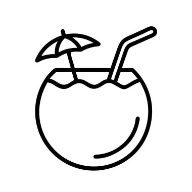 Bir pipet ve dekoratif şemsiyeyle ferahlatıcı tropikal hindistan cevizi içeceğinin basit bir taslak çizimi. Yaz, seyahat ve tatil temaları veya menüler için ideal.