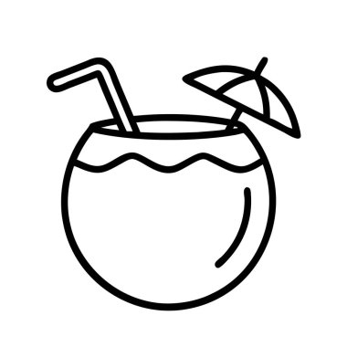 Serinletici bir hindistan cevizi içeceğinin basit bir çizgisi çizimi, bir yudum pipet ve büyüleyici bir kokteyl şemsiyesi ile tamamlanmış. Yaz, tatil ve tropikal temalar için ideal.