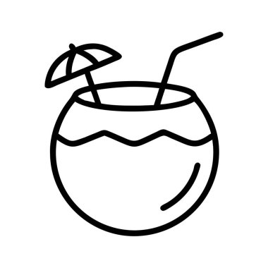 Hindistan cevizi kabuğunda sunulan ferahlatıcı bir hindistan cevizi içeceğini gösteren basit bir vektör ana hatları ikonu, küçük bir dekoratif şemsiye ve pipetle birlikte, tropikal tatil ve yaz içeceklerini sembolize ediyor..