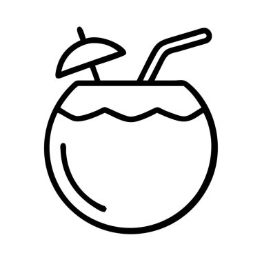 Tazeleyici hindistan cevizi içeceğinin basit bir taslak vektör simgesi. Kamış ve küçük dekoratif şemsiyeyle süslenmiş. Yaz temaları, tatiller ve tropikal tasarımlar için mükemmel..