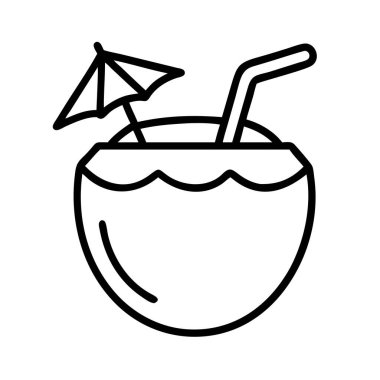 Tropikal hindistan cevizi içeceği içeren basit bir çizgi sanat ikonu, kamış yudumlama ve dekoratif şemsiyeyle tamamlanmış, tatili, rahatlamayı ve yaz ferahlığını simgeliyor..