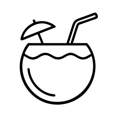 Hindistan cevizi kabuğunda sunulan ferahlatıcı bir hindistan cevizi içeceğini tasvir eden basit bir taslak vektör çizimi ve küçük bir dekoratif şemsiye, yaz için mükemmel..