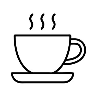 Görünür buharlı sıcak içecek bardağının minimalist vektör çizgisi sanat simgesi, bir tabağın üzerinde duruyor. Menüler, web siteleri, uygulamalar veya kahve veya çay sembolüne ihtiyaç duyan tasarım projeleri için ideal.