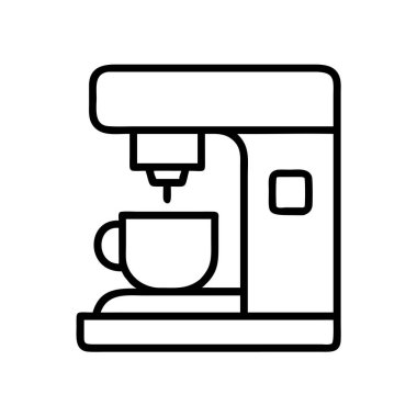 Altında demlenmeye hazır bir fincan bulunan kahve makinesini tasvir eden minimalist bir sanat simgesi. İçecekler ve mutfak aletleri ile ilgili web, uygulama veya tasarım projeleri için idealdir.