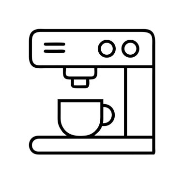 Bir kahve makinesinin demlenmeye hazır bir fincan ile basit, temiz bir çizgili sanat vektör çizimi. Web tasarımı, mobil uygulamalar, mutfak gereçleri bölümleri ve eğitim malzemeleri için ideal.