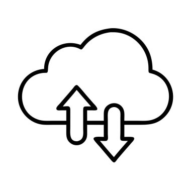 Bulut hesaplama veri transferini temsil eden temiz çizgi çizgisi çizimi. Yükleme oku ve indirme oku senkronizasyonu, depolamayı ve ağı gösteriyor. Modern grafik kavramı.