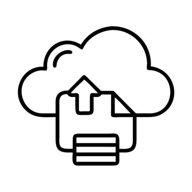 Bir buluta yüklenen dosyayı gösteren bir satır simgesi. Dijital bilgi yönetimi için bulut depolama, veri transferi, yedekleme ve eşzamanlama kavramlarını temsil eder.