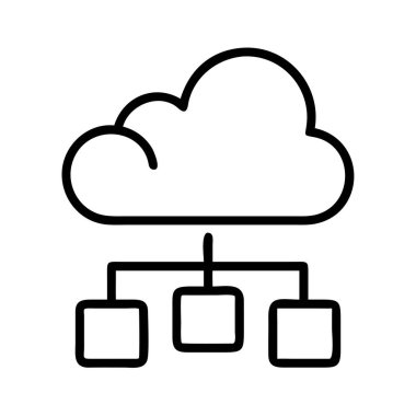 Bulut hesaplama altyapısını gösteren ana simge çoklu sunucu düğümlerine bağlı merkezi bir bulut gösteriyor. Veri depolama, ağ ve dağıtım kavramlarını temsil eder.