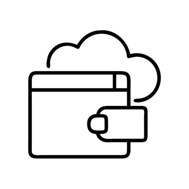 Cüzdana bağlı bir bulutu gösteren, dijital finansı, güvenli online ödemeyi ve sanal para depolama çözümlerini temsil eden minimalist bir taslak simgesi.