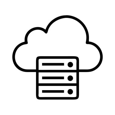 Sunucu rafına bağlı bir bulut tasvir eden minimalist çizgi simgesi, modern bulut hesaplama, veri depolama ve ağ altyapısı kavramlarını sembolize eder.