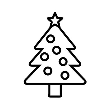 En üstte yıldız ve dekoratif dairesel süslemelerle süslenmiş basit bir Noel ağacı çizgisi ikonu. Tatil tasarımları, kutlamalar, kış temaları ve daha fazlası için ideal..
