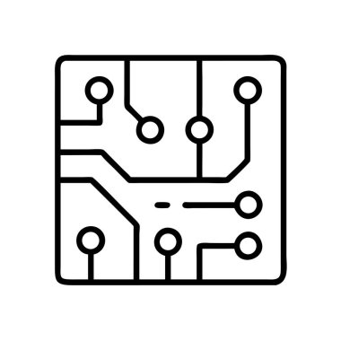 Basit bir elektronik devre kartı veya mikroçip tasvir eden soyut siyah çizgi sanat simgesi, teknoloji, bilgisayar, yenilik ve dijital kavramları temsil etmektedir..