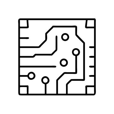 Modern teknolojiyi, elektroniği, veri işlemeyi ve dijital yeniliği sembolize eden, devre kartı düzenini gösteren bir minimalist çizgi sanat ikonu. Teknolojiyle ilgili projeler için mükemmel.