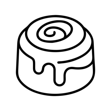 Lezzetli bir tarçın rulosu ikonunun basit siyah beyaz çizgisi sanatı, klasik spiral bir tasarım ve tatlı jöle, fırın menüleri ya da tatlı ikram illüstrasyonları için mükemmel.