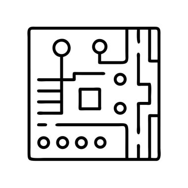 Mikroçip ya da elektronik devre kartını temsil eden minimalist bir siyah taslak ikonu. Modern web tasarımı için ideal teknoloji, bilgisayar, yenilik ve dijital süreçleri sembolize eder.