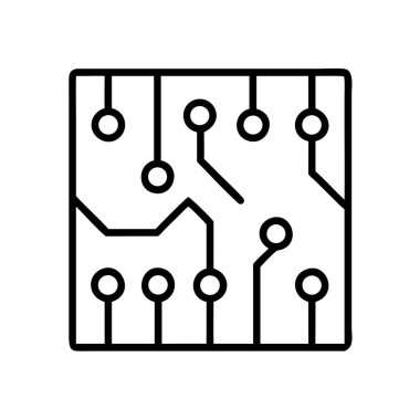 Elektronik devre kartını tasvir eden siyah ana hat simgesi, teknolojiyi, bilgisayarı, yeniliği ve dijital bağlantıyı sembolize ediyor. Teknolojiyle ilgili projeler ve arayüzler için mükemmel.