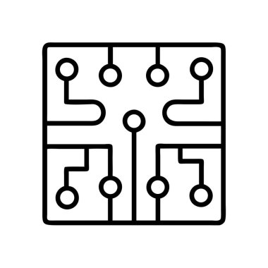Basit bir devre kartı ya da birbirine bağlı bir ağı gösteren temiz, modern bir çizgi sanat simgesi. Teknoloji, veri, dijital kavramlar ve online bağlantıları temsil etmek için mükemmel.