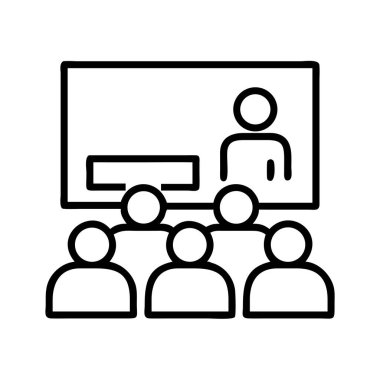 Çevrimiçi bir iş sunumunu ya da toplantıyı temsil eden basit bir çizgi resim simgesi. Sanal konferanslar ve eğitim oturumları için ideal olan katılımcı kitlesine bir konuşmacı sunumu.