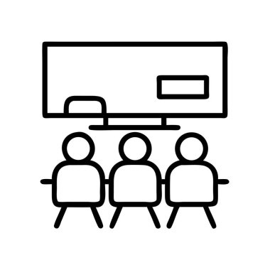 Bir ekranı izleyen, izleme, sunum, eğlence ve grup öğrenme veya konferans gibi kavramları temsil eden üç kişilik bir izleyicinin basit bir taslak simgesi.