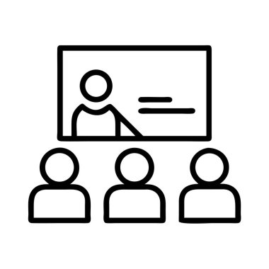 Bu çizgi simgesi bir çevrimiçi sunucuyu, uzaktan öğrenme, sanal toplantılar ve e-eğitim temaları için mükemmel bir şekilde seyirciyle yakınlaşırken görselleştirir. Dijital iletişim için ideal.