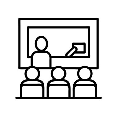 Öğretmenlik veya kurumsal eğitim senaryosunu gösteren temiz bir taslak simgesi. Üç kişilik bir grup katılırken bir sunucu ekranın önünde duruyor. Beyaz arkaplan.