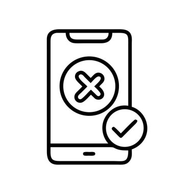 Mobil uygulama geribildirimini temsil eden taslak simge, ekranda hem 'X' simgesini hem de dışarıda onay işaretini gösterir. Durum güncellemeleri, bildirimler ve karar verme arayüzleri için mükemmel.