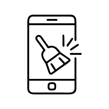 Bir cep telefonunu süpürgeyle tasvir eden, veri temizliğini, hızlı optimizasyonu ve akıllı telefon ve cihazlardaki verimli hafıza yönetimini sembolize eden bir taslak simgesi. Uygulama arayüzleri için mükemmel.