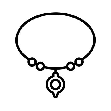 Merkezi dairesel kolyesi ve küçük yuvarlak boncukları olan bir kolyeyi tasvir eden minimalist bir sanat simgesi. Mücevher, moda, aksesuar tasarımlar ve web arayüzleri için ideal.