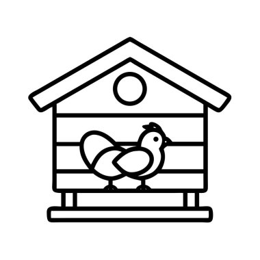 Ahşap bir kümesteki ya da kuş kafesindeki bir tavuğun basit bir tasviri. Çiftlik, hayvan, tarım ve evcil hayvan tasarım ve kavramları için ideal.