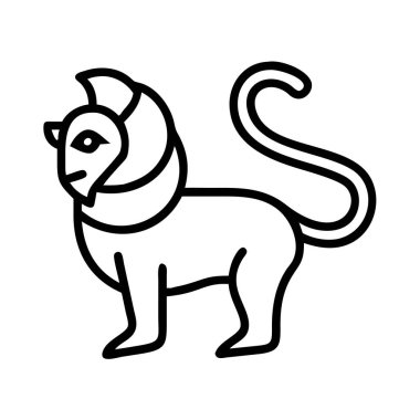 Belirgin bir yelesi ve kendine özgü kıvrık kuyruğu olan, stilize edilmiş bir aslanın çıtır çıtır siyah çizgili bir çizimi. Simgeler, logolar, grafik tasarım projeleri ve semboller için ideal.