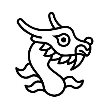 İçinde boynuzlar, keskin dişler ve vahşi bir göz olan efsanevi bir ejderhanın kafasının stilize edilmiş siyah çizimi. Fantezi, kültür, zodyak veya simge tasarımları için ideal.