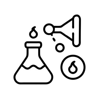 Sıvı ve damla ekleyen bir kimyasal şişeyi gösteren bir taslak simgesi. Bir laboratuvar ortamında bilimsel deneyler, araştırma, eğitim ve keşif süreçlerini temsil eder.
