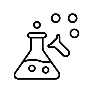 Bir laboratuarda kimyasal bir deneyi temsil eden çizgi sanat ikonu, bir Erlenmeyer şişesi ve yükselen kabarcıklarla dolu bir test tüpü, tepkimeyi ve bilimsel keşfi sembolize ediyor..