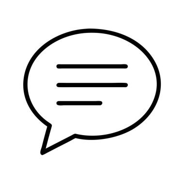 Üç yatay çizgili bir konuşma baloncuğu tasvir eden minimalist bir siyah çizgi bir mesaj ya da konuşmayı simgeliyor. Kullanıcı arayüzleri ve dijital tasarımlar için uygun.