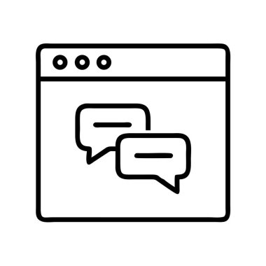 Bu temiz taslak simgesi bir tarayıcı penceresi içinde internet iletişimini, web sitesi mesajlaşmasını, müşteri desteğini ve dijital etkileşimi sembolize eden iki sohbet baloncuğu gösterir. Modern vektör grafiği.